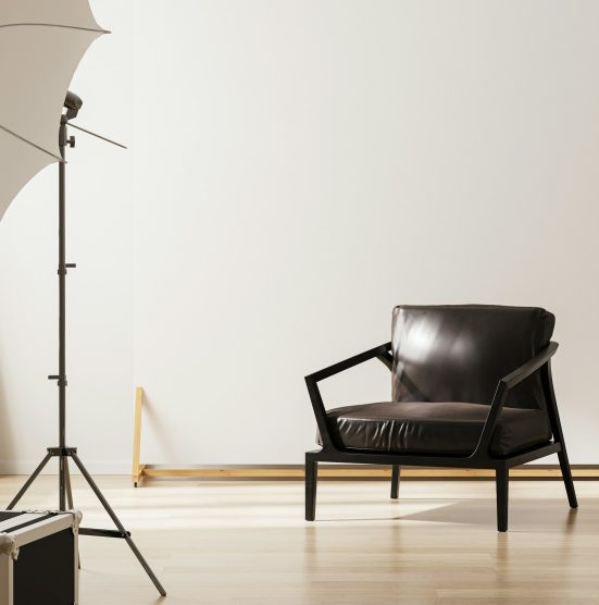 Photo studio with lightning equipment and white backgrond, 3d rendering